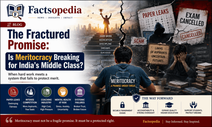 The Fractured Promise: Is Meritocracy Breaking for India’s Middle Class? Meritocracy in India, Competitive Exams India, NEET Paper Leak, IIT JEE, UPSC Preparation, Education System India, Coaching Industry, Student Mental Health, Examination Reforms, Educational Policy, Higher Education India, Middle Class Aspirations, Academic Excellence, Exam Integrity, Factsopedia